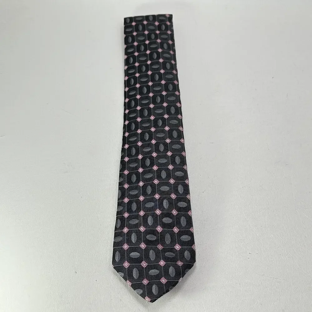 XMI Tie Mens 60 in Italian Silk Charcoal Pink Geometric Diamond Ellipsis Wide